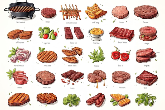 Vector cartoon beef steaks grilled steak beef meats and filet mignon pepper and spices garlic onion an