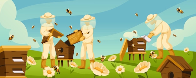 ベクトル 養蜂場での漫画の養蜂家 野生の花が咲く花畑の蜂の巣の周りを飛ぶミツバチと養蜂場の労働者 田舎の養蜂生活のベクトル図 防護服を着た人々