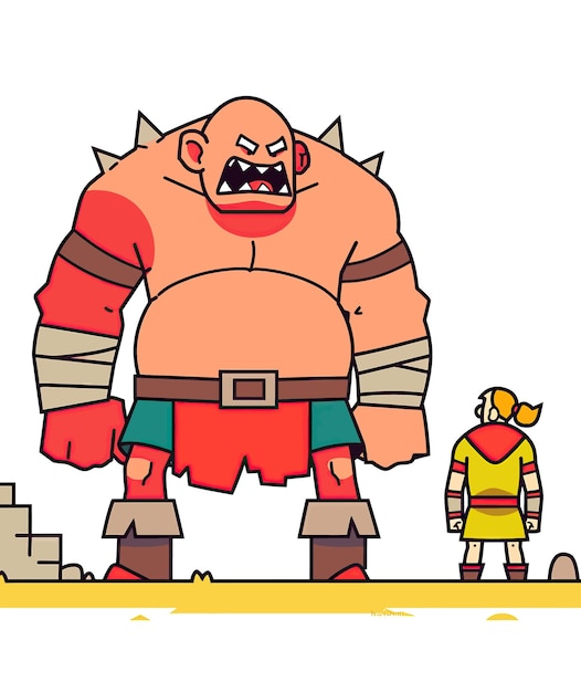 cartoon beeld van een man en vrouw die naast een reusachtig monster staan in een fantasie tekening voor kinderen