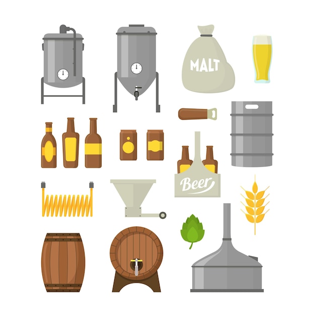 Vector cartoon beer brewing color icons set isolated on a white background alcohol beverage process and production. vector illustration