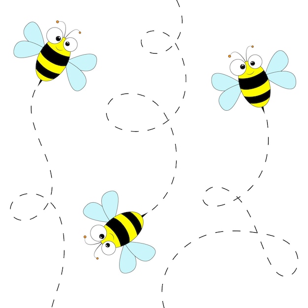 Cartoon bees fly along a dotted route isolated on a white background Vector illustration