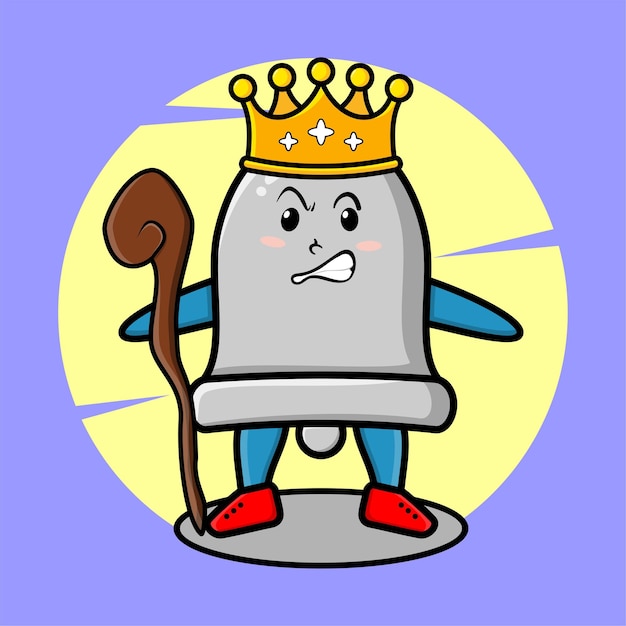 Cartoon bell mascot as wise king with golden crown and wooden stick cute 3d modern style design