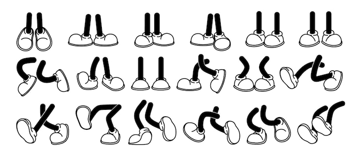 Vector cartoon benen in schoenen komische retro voeten in verschillende poses grappig karakter mascotte voet in laars been staand lopen rennen springen vector set
