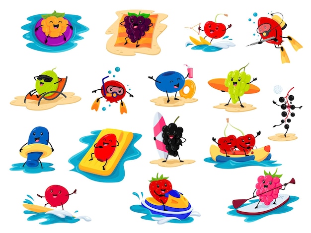 Vector cartoon berry characters on summer vacation funny vector cloudberry blackberry or grapes cherry rosehip or honeyberry cranberry strawberry raspberry and bird cherry personages holiday activity