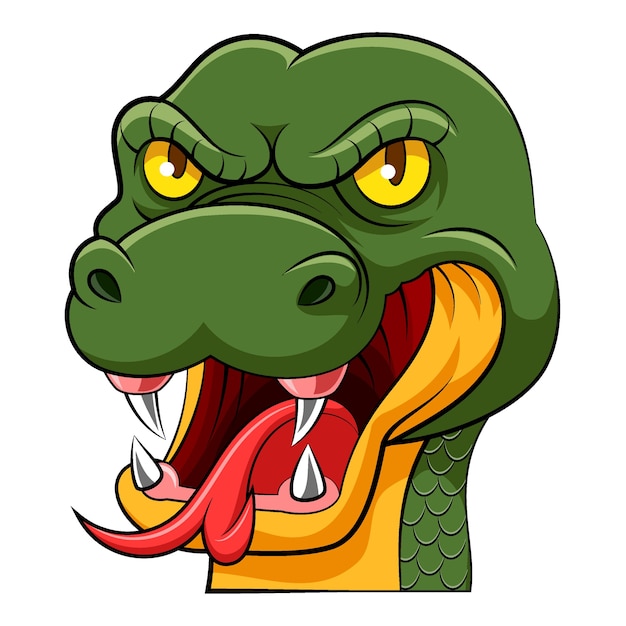 Vector the cartoon of the big head of green snake with the long tongue and yellow eyes