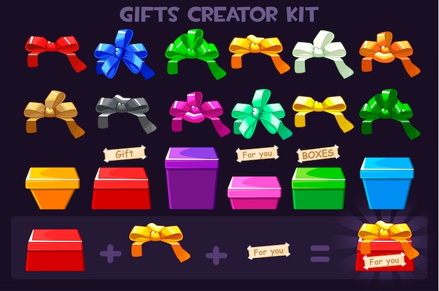 Cartoon big kit different box and ribbons bows for creator gifts