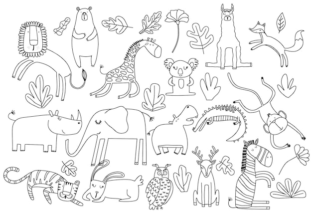 Vector cartoon big set of cute doodle animals