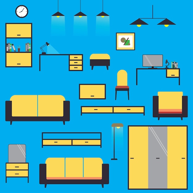 Cartoon Big Set home and office furniture isolated on blue background flat vector illustration