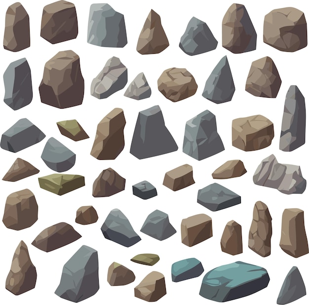 Vector cartoon big set of rock stones isometric 3d flat style stones and rocks different boulders set