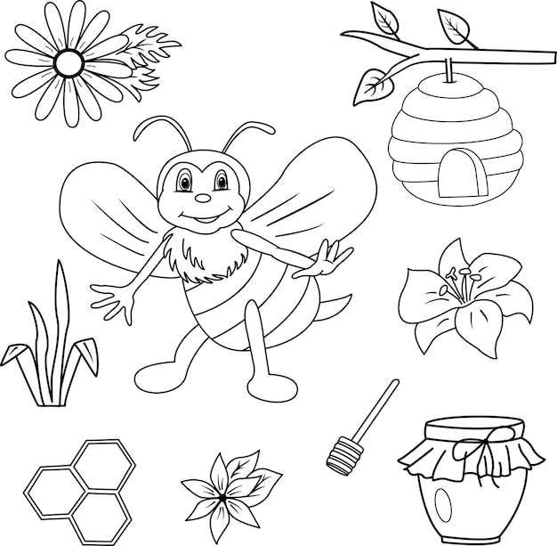 Cartoon bij voor kleurboek voor kinderen. Vector clipart bij, bijenkorf, honingraat, honingpot, bloemen