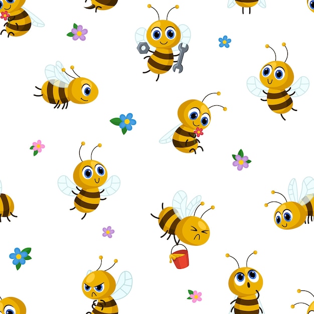 Cartoon bijen achtergrond Bijen en bloem naadloos patroon baby's textiel print met grappig insect Vliegende dieren madeliefje en honingbij opzichtige vector sjabloon