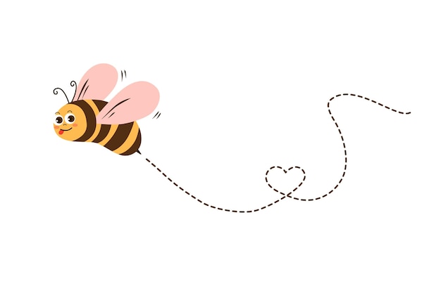Cartoon bijen vliegen op een gestippelde route geïsoleerd op de witte achtergrond
