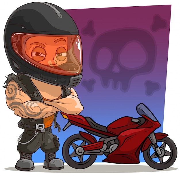 Motociclista del fumetto in casco con una moto rossa