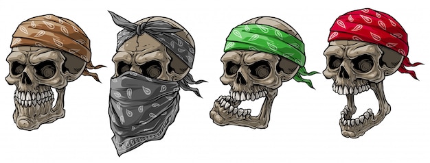 Vector cartoon biker skulls with bandana and scarf