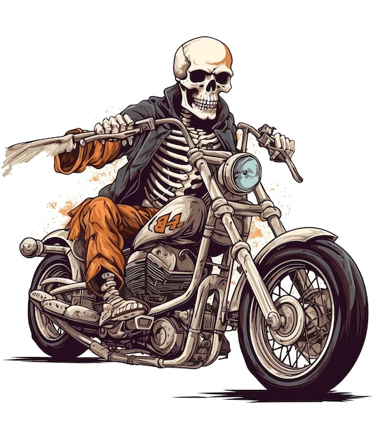 A cartoon of a biker with a skull on his head riding a motorcycle.