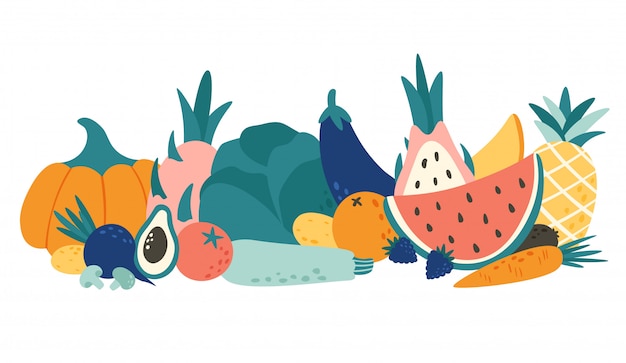 Vector cartoon biologisch voedsel. groenten en fruit, natuurlijke groenten en fruit producten vectorillustratie