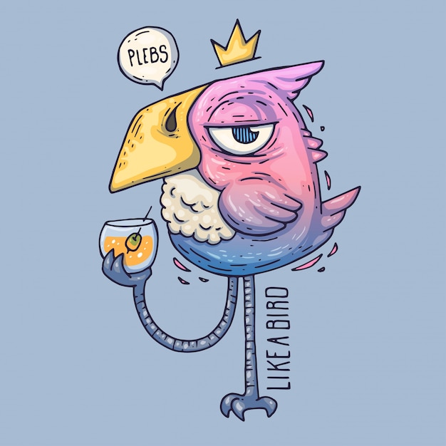 Cartoon bird drinks van een glas. birdie met een hooghartige blik. cartoon vectorillustratie.