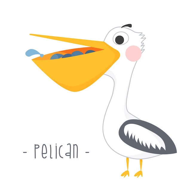 Вектор Мультяшный пеликан с рыбой в клюве на белом фоне