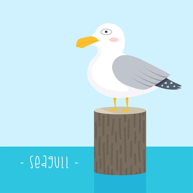 Cartoon bird seagull standing on a wooden post by the sea