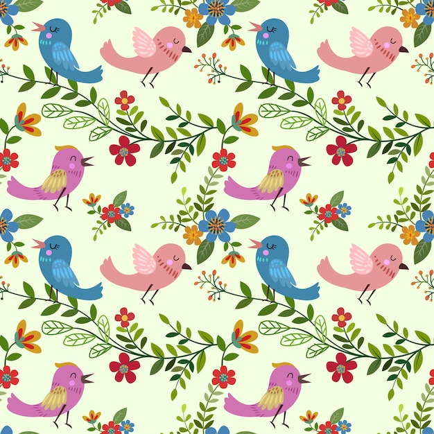 Cartoon bird with flowers seamless pattern.