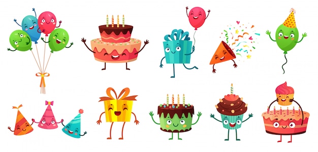 Мультфильм день рождения праздник набор. Партийные воздушные шары с забавными лицами, с днем рождения торт и набор подарков талисман иллюстрации