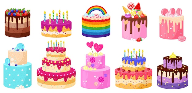 Vector cartoon birthday holiday party celebration delicious cakes. happy birthday chocolate and strawberry candles cakes vector illustration set. birthday decorated desserts