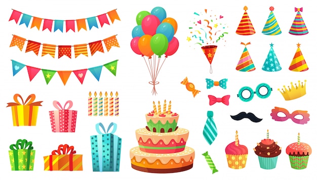 Vector cartoon birthday party decorations. gifts presents, sweet cupcakes and celebration cake. colorful balloons  illustration set