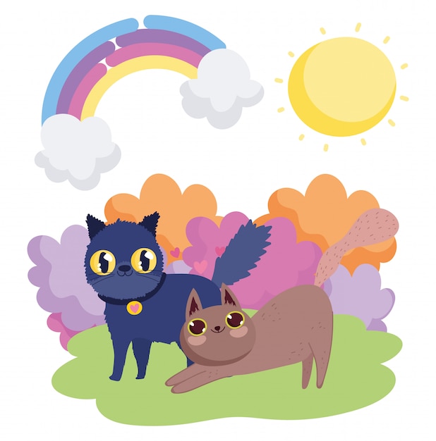 Вектор Мультяшные черно-коричневые кошки в траве небесных питомцев