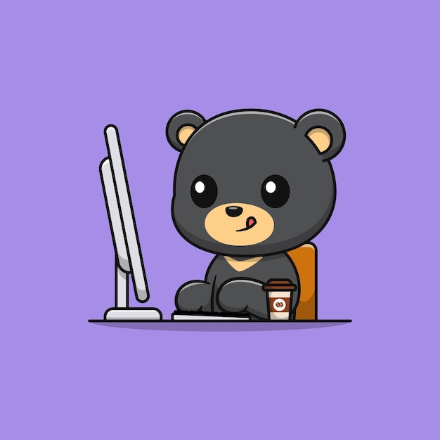 Vector cartoon black bear playing computer