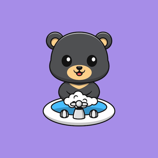 Vector cartoon black bear washing hands in the sink