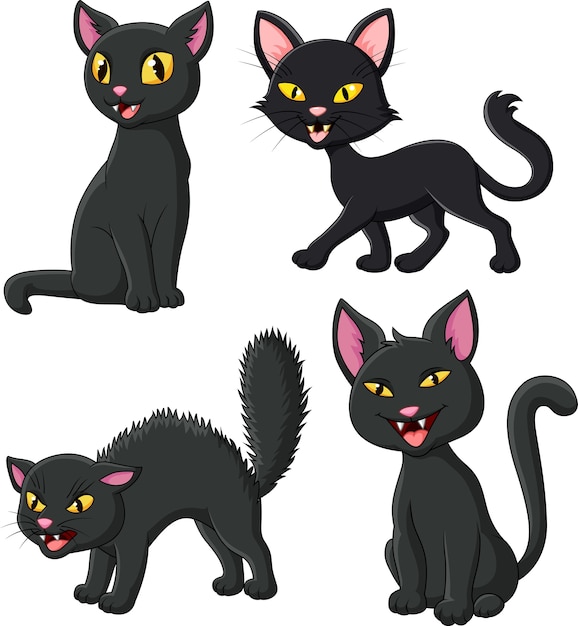 Vector cartoon black cat collection set