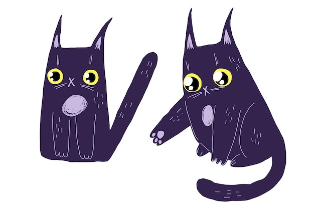 Мультяшный черный кот Хеллоуин кот персонаж Мультяшный модный забавный котенок Векторная иллюстрация запасов