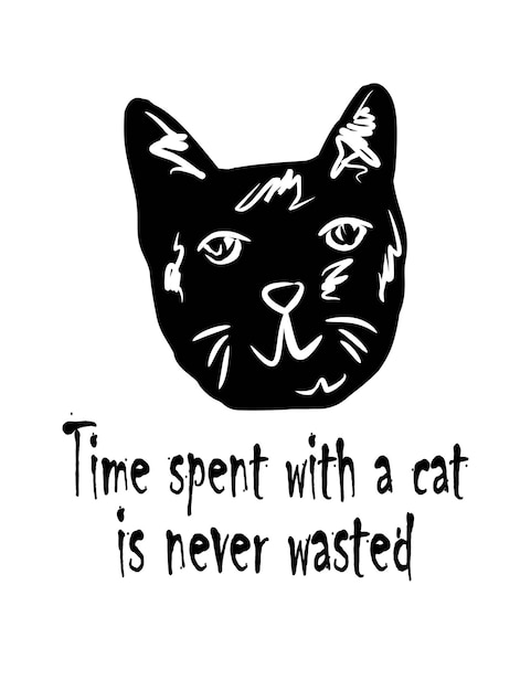 Мультфильм черный кот силуэт трафаретный рисунок. Дизайн печати футболки.