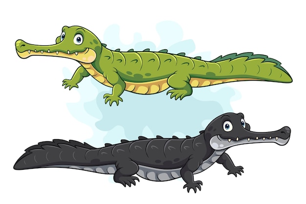 Vector cartoon black and green gharial crocodile