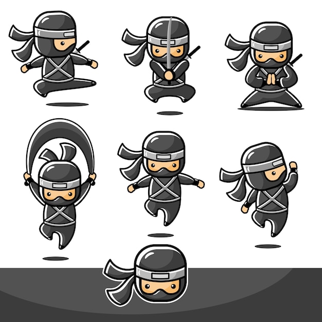 Cartoon black little ninja set actie met zes verschillende bewegingen