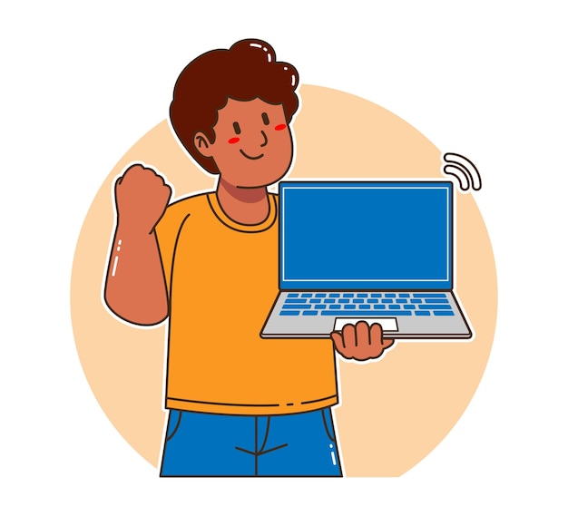 Vector cartoon black man holding a laptop