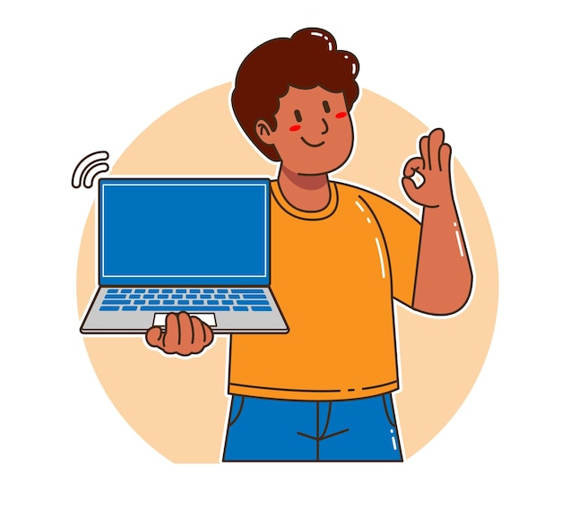 Cartoon black man holding a laptop