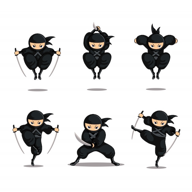 Cartoon black ninja set action with jump