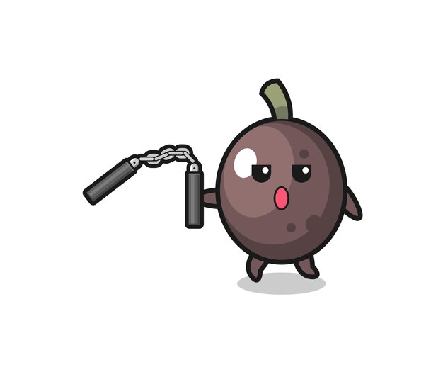 Cartoon of black olive using nunchaku