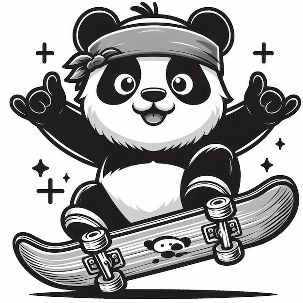 cartoon black and white of a panda doing a skateboard trick