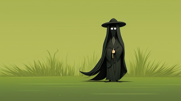 Vettore un cartone animato di una strega nera con un cappello nero e un mantello nero