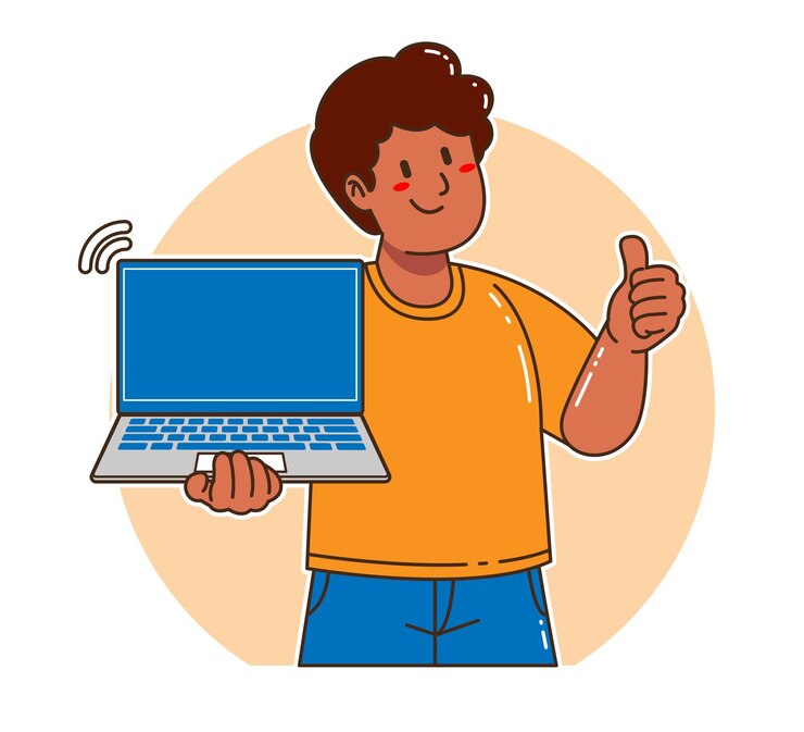 Vector cartoon black woman holding a laptop