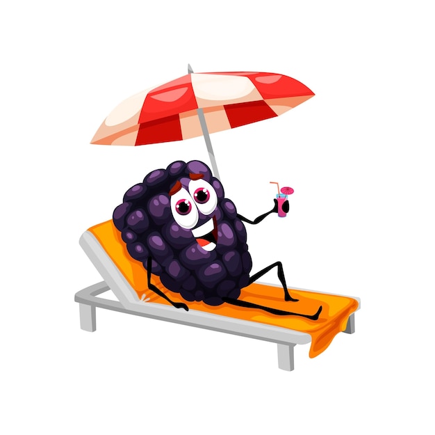 Cartoon blackberry character on beach lounger