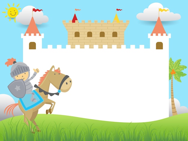 Vector cartoon of blank empty   frame with little knight riding horse