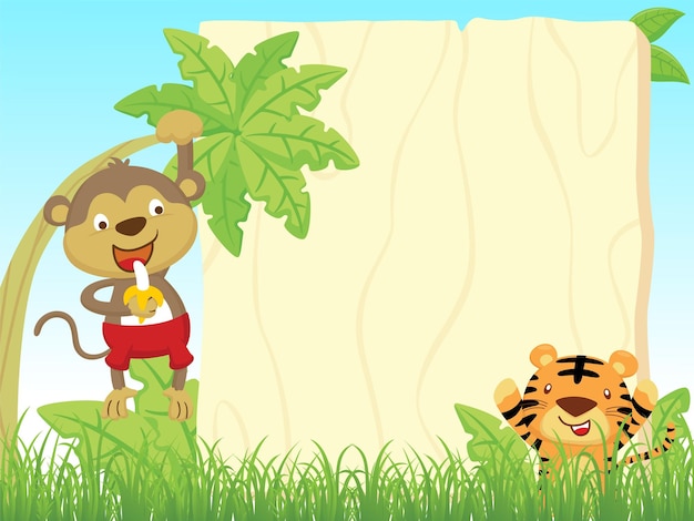 Cartoon of blank empty   frame with monkey hang on banana tree while holding banana, tiger hiding in bush