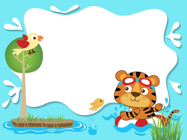 Vector cartoon of blank empty   frame with tiger swimming using lifebuoy in river, bird on tree