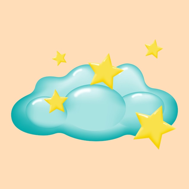 Cartoon blauwe pluizige wolk met gele sterren geïsoleerd op een beige achtergrond. Vector illustratie.