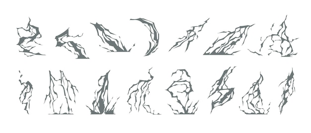 Cartoon bliksemschicht effect Blikseminslag en natuurlijke elektriciteit sprite troef voor 2D game onweersbui staking collectie Vector geïsoleerde set