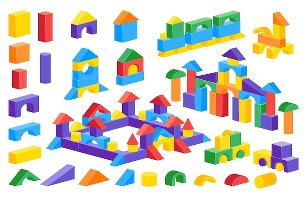 Cartoon block castle Colorful children constructor toy plastic brick puzzle game building car castle Vector cylinder cone cube parts isolated set