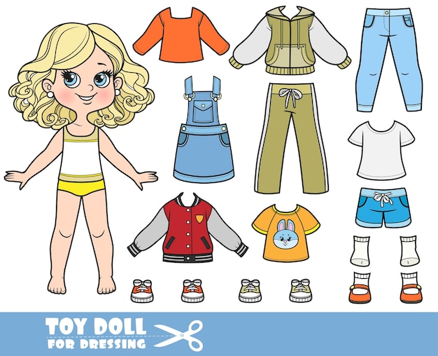 Vector cartoon blond girl and clothes separately long sleeve tshirts sandals jacket shorts tracksuit jeans and sneakers doll for dressing